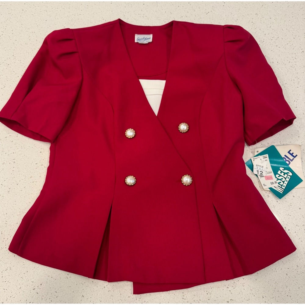 Good Times Blazer Top Womens 12 Red NEW Vintage Peplum Pearl Button‎ Office Chic